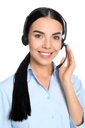 Beautiful young consulting manager with headset on white background