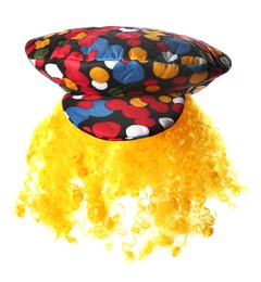Funny hat with yellow wig isolated on white. Clown's accessory