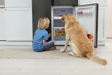Photo of Little boy and cute Labrador Retriever seeking for food in refrigerator indoors