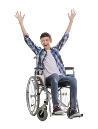 Emotional teen boy in wheelchair on white background