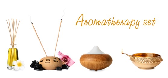 Incense sticks and other items for aromatherapy on white background, collage. Banner design