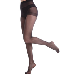 Woman wearing black tights isolated on white, closeup of legs