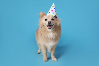 Photo of Cute dog with party hat on light blue background. Birthday celebration