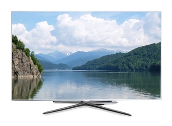 Image of Modern wide screen TV monitor showing beautiful landscape, isolated on white 