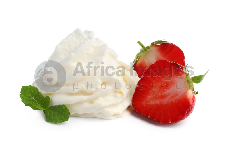 Sliced strawberry with whipped cream and mint on white background