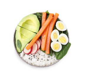 Photo of Delicious poke bowl with basil, eggs, avocado and vegetables isolated on white, top view