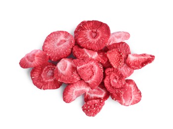 Pile of freeze dried strawberries on white background, top view