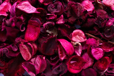 Photo of Scented potpourri of dried flowers as background, top view