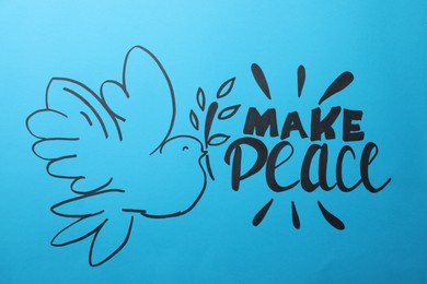 Photo of Beautiful phrase Make Peace with pigeon on blue background