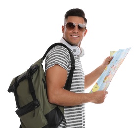 Man with map and backpack on white background. Summer travel