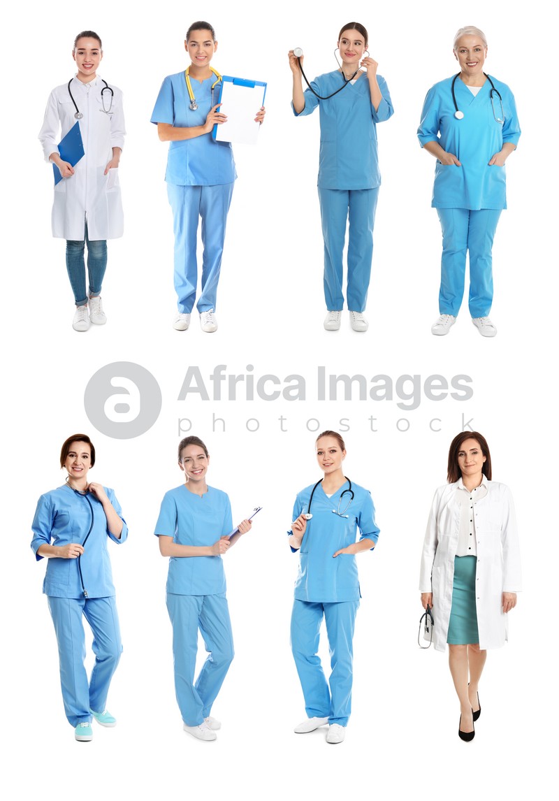 Collage with photos of doctors on white background