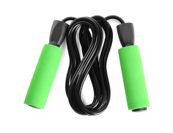 Black skipping rope with green handles isolated on white, top view