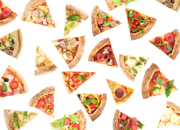 Image of Set with slices of different pizzas on white background, top view 