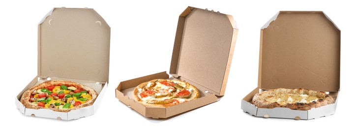 Set with different delicious hot pizzas in cardboard boxes on white background, banner design. Food delivery