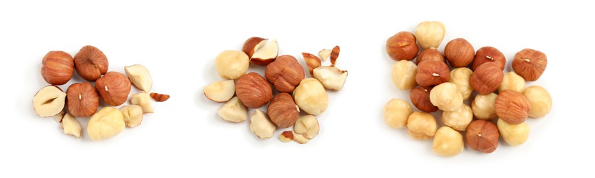 Image of Set with tasty hazelnuts on white background, top view. Banner design