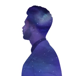 Universe hidden in human, mindfulness, imagination, ideas, creativity, inner power concepts. Silhouette of man and starry sky or galaxy on white background, double exposure