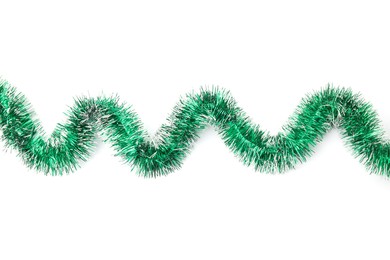Shiny green tinsel isolated on white, top view