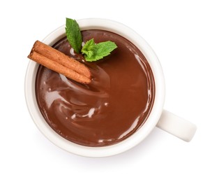 Cup of delicious hot chocolate with mint and cinnamon stick isolated on white, top view