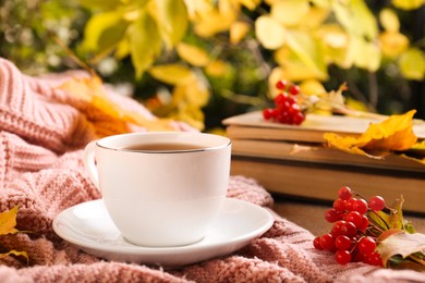 Photo of Cup of aromatic tea, books and viburnum on soft pink sweater. Autumn atmosphere