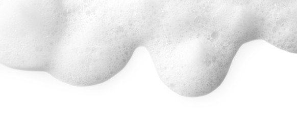 Fluffy soap foam isolated on white, top view