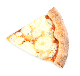 Slice of delicious pizza on white background, top view