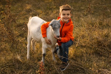 Farm animal. Cute little boy feeding goat on pasture