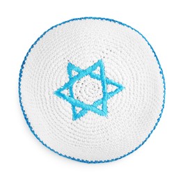 Kippah with David's star isolated on white, top view. Garment for Rosh Hashanah