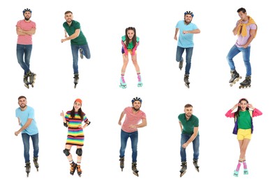 Image of Photos of men and woman with roller skates on white background, collage design