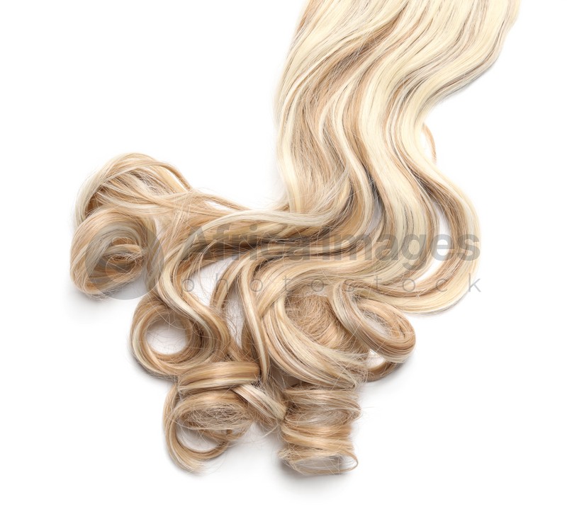 Beautiful blonde curly hair isolated on white, top view