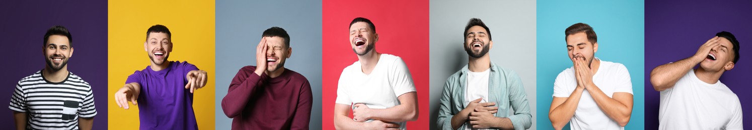 Collage with photos of handsome men laughing on different color backgrounds. Banner design