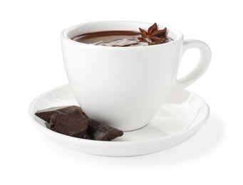 Cups of delicious hot chocolate with anise star on white background