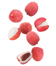 Set of falling delicious lychees on white background