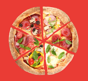Image of Slices of different pizzas on red background, top view 