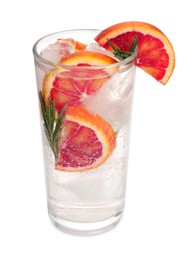 Delicious refreshing drink with sicilian orange, fresh rosemary and ice cubes in glass isolated on white