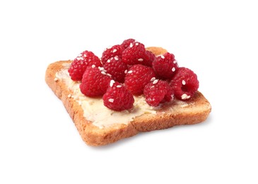 Delicious toast with butter, raspberries and sesame seeds isolated on white