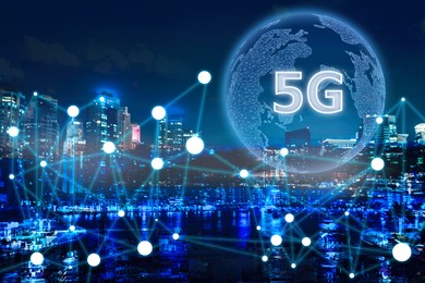 Image of 5G network wireless system. Beautiful cityscape and network connection lines 