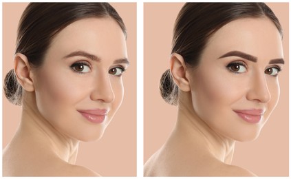 Beautiful young woman before and after permanent makeup on pink background, collage