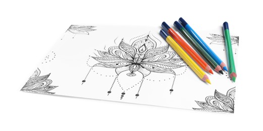Antistress coloring page and pencils on white background