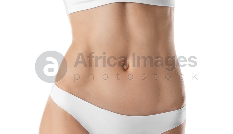 Beautiful young woman with perfect body on white background, closeup