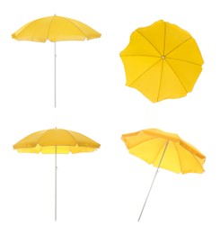 Set with yellow beach umbrellas on white background 