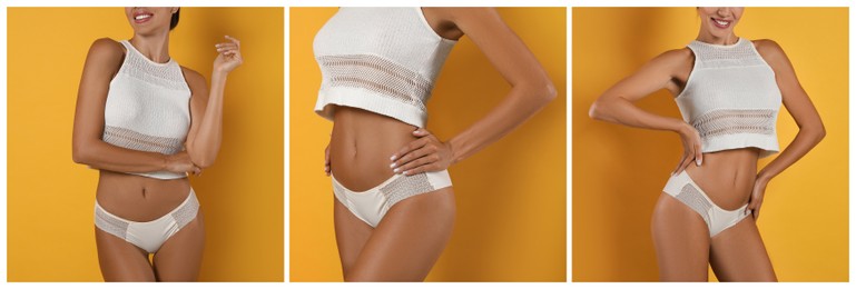Image of Collage with photos of woman wearing white underwear on yellow background. Banner design
