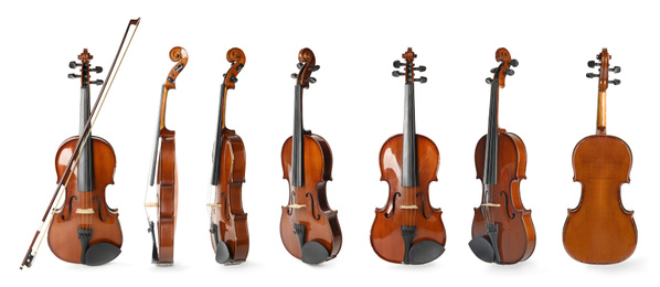 Set of classic violins on white background. Banner design