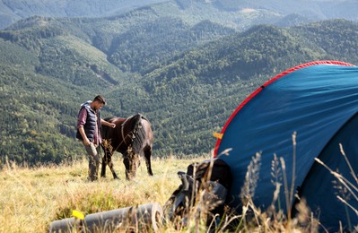 Man and horse near camping tent in mountains