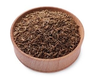 Wooden bowl with cumin seeds isolated on white