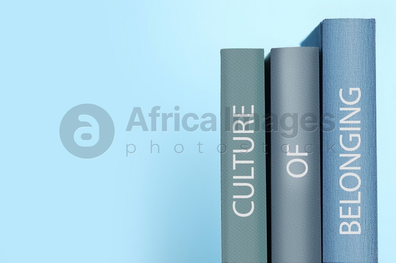 Books with phrase Culture of Belonging on light blue background, space for text
