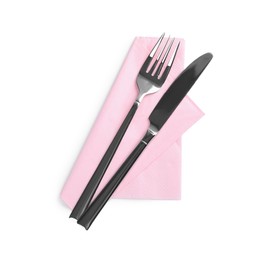 Pink napkin with fork and knife on white background, top view