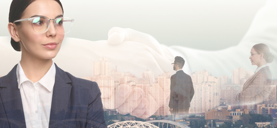 Image of Multiple exposure of business people, partners shaking hands and cityscape. Banner design