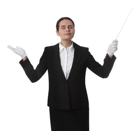 Professional young conductor with baton on white background