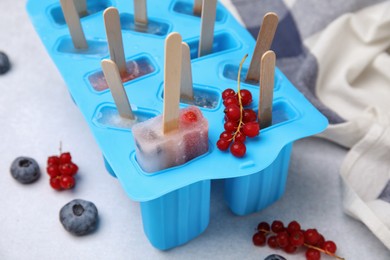 Photo of Mold with fruit and berry ice pops on light table, closeup