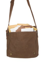 Brown postman bag with mails on white background